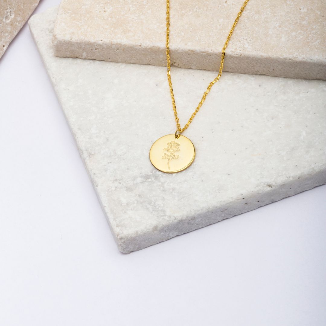 Personalized Birth Flower Disk Necklace