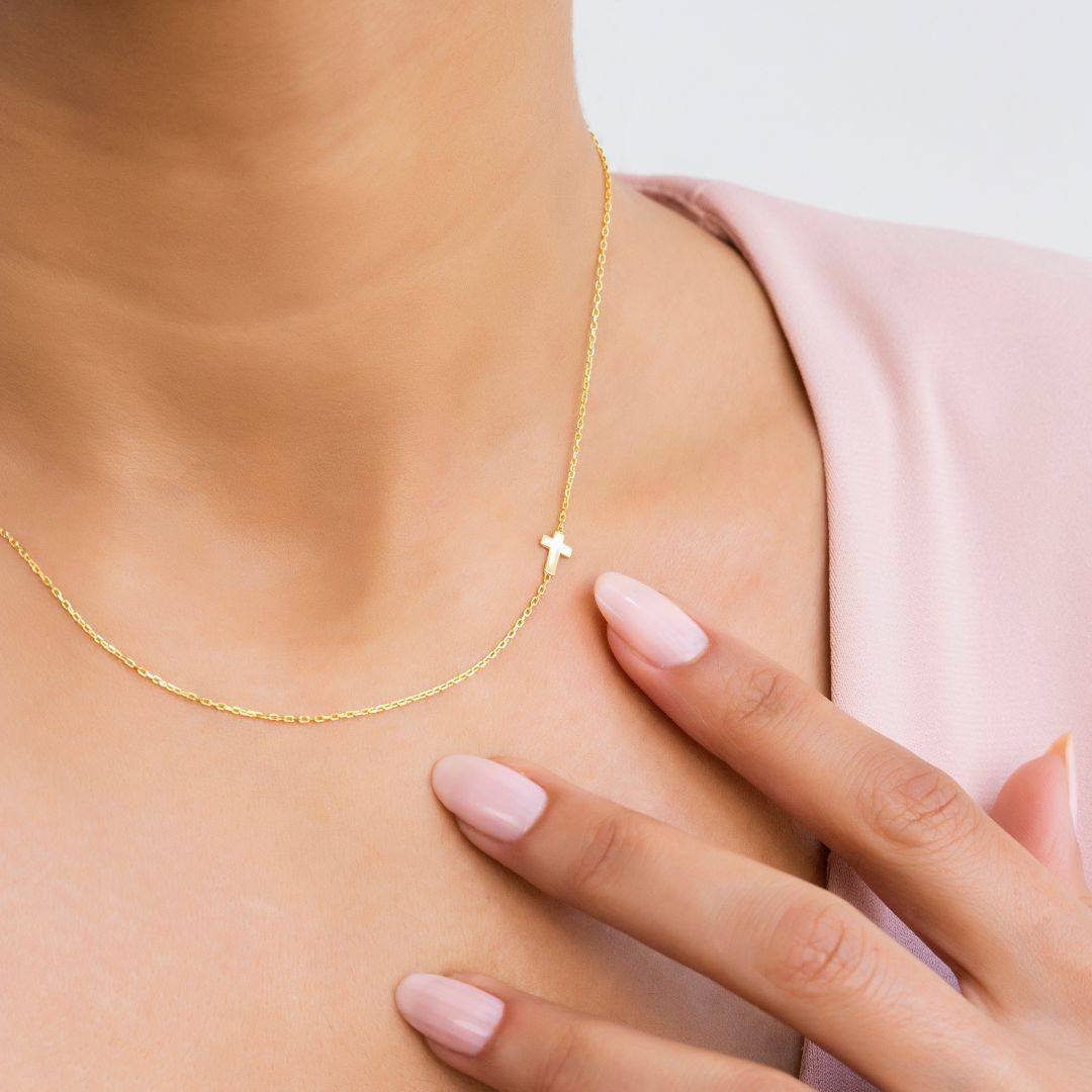 14K Solid Gold Sideways Cross Necklace