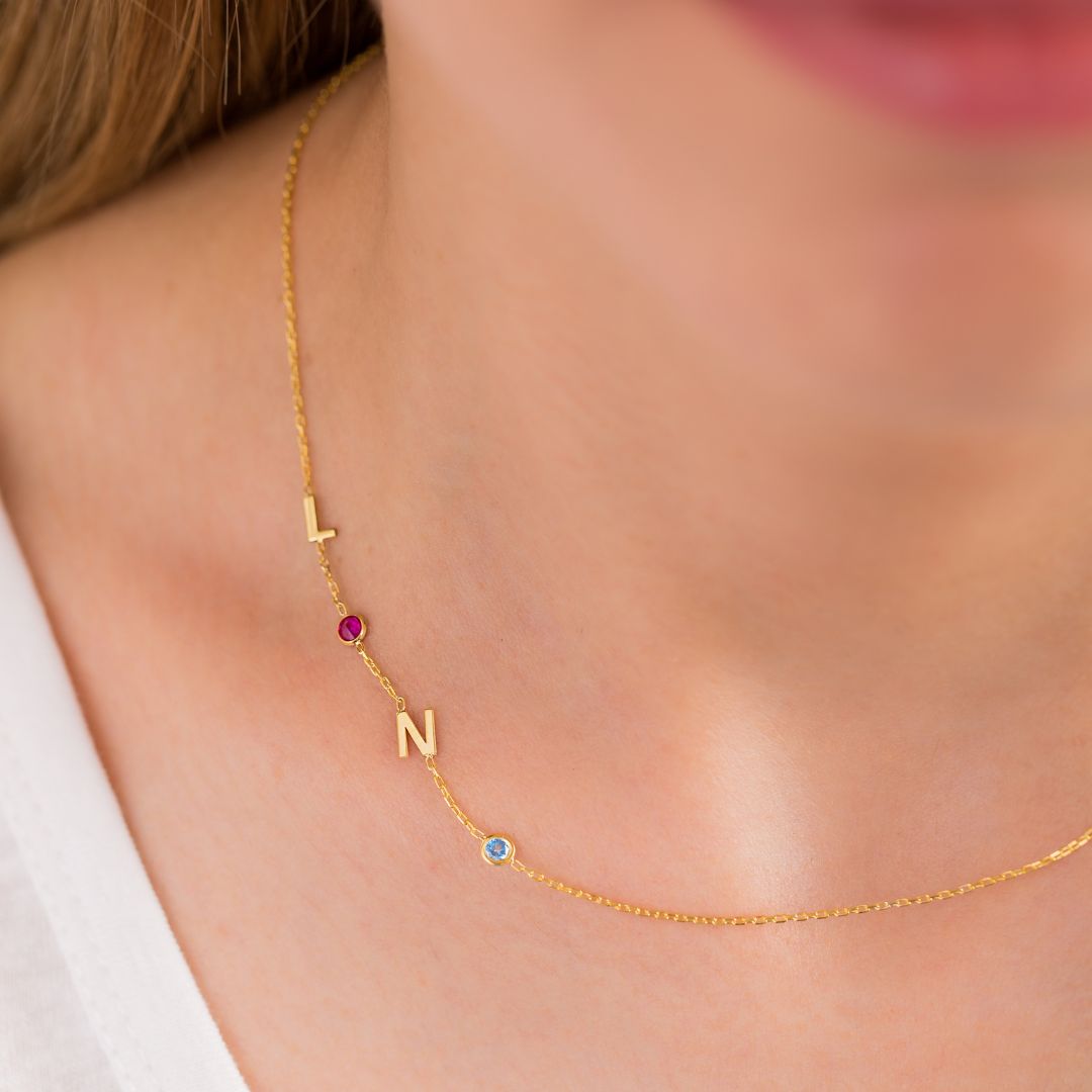14K Solid Gold Sideways Birthstone and Letter Necklace