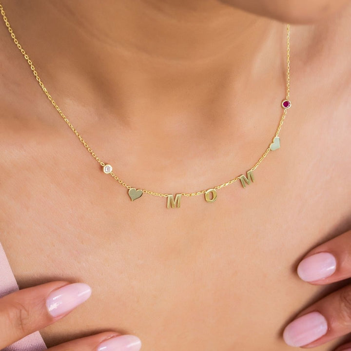 Mom Necklace with Hearts and Birthstones